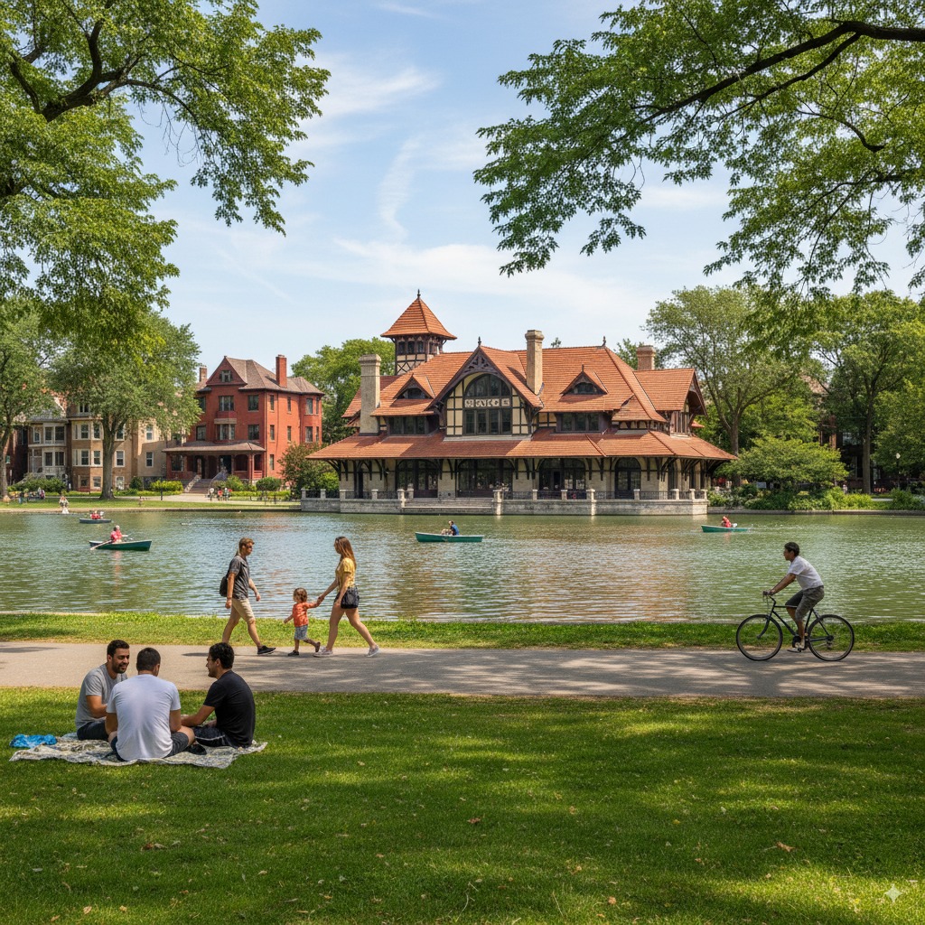 Humboldt Park lagoon and boathouse in Chicago — near Refine by Tulsi med spa.