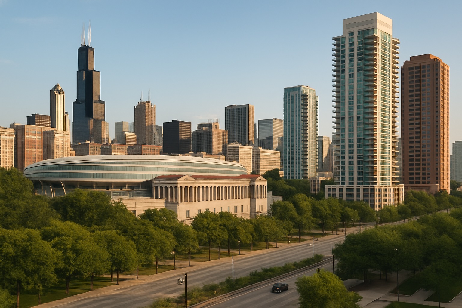 outh Loop neighborhood with Soldier Field in Chicago near Refine by Tulsi med spa.